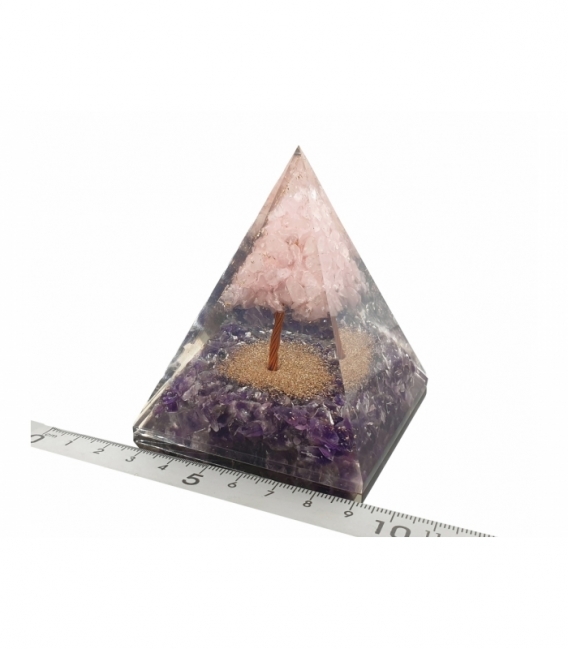 Piramide orgonite 7x7 amatista arbol cuarzo rosa